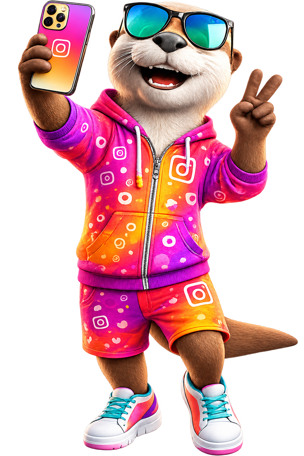 The Digital Otters Instagram otter — a mascot in a gradient tracksuit taking a selfie