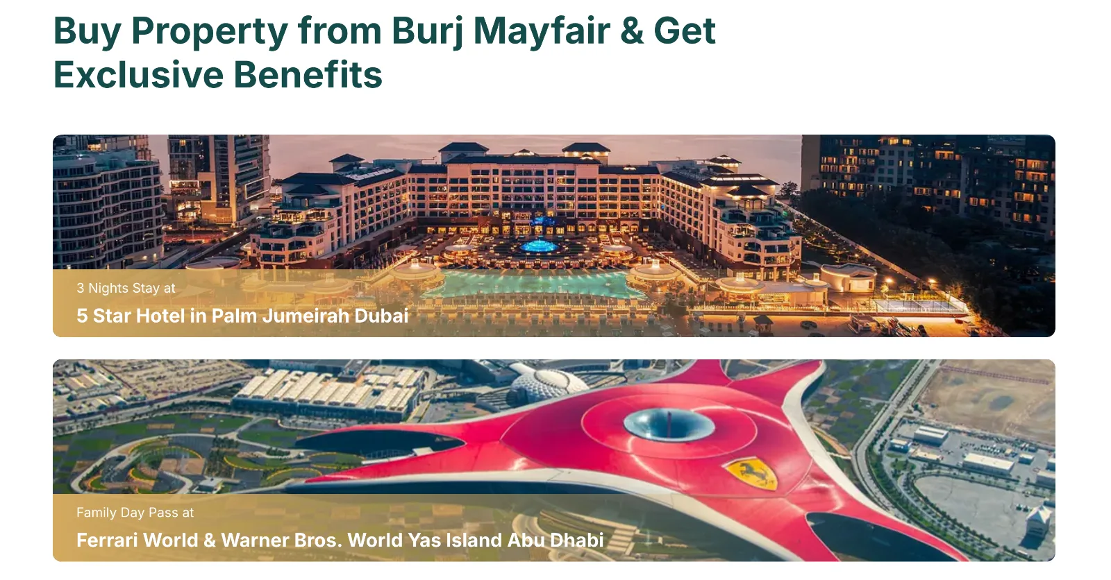 The Burj Mayfair exclusive benefits page, listing the incentive offers attached to a purchase