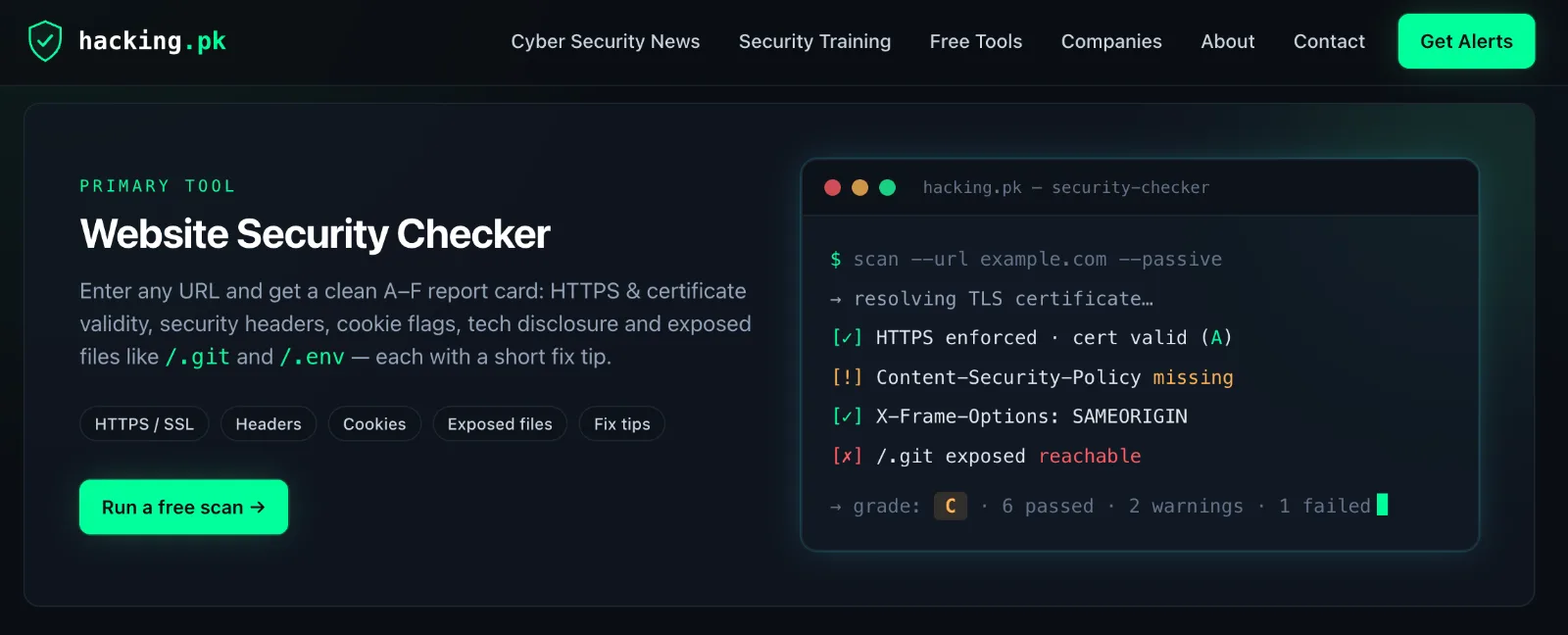 The Website Security Checker card as it appears on the hacking.pk homepage